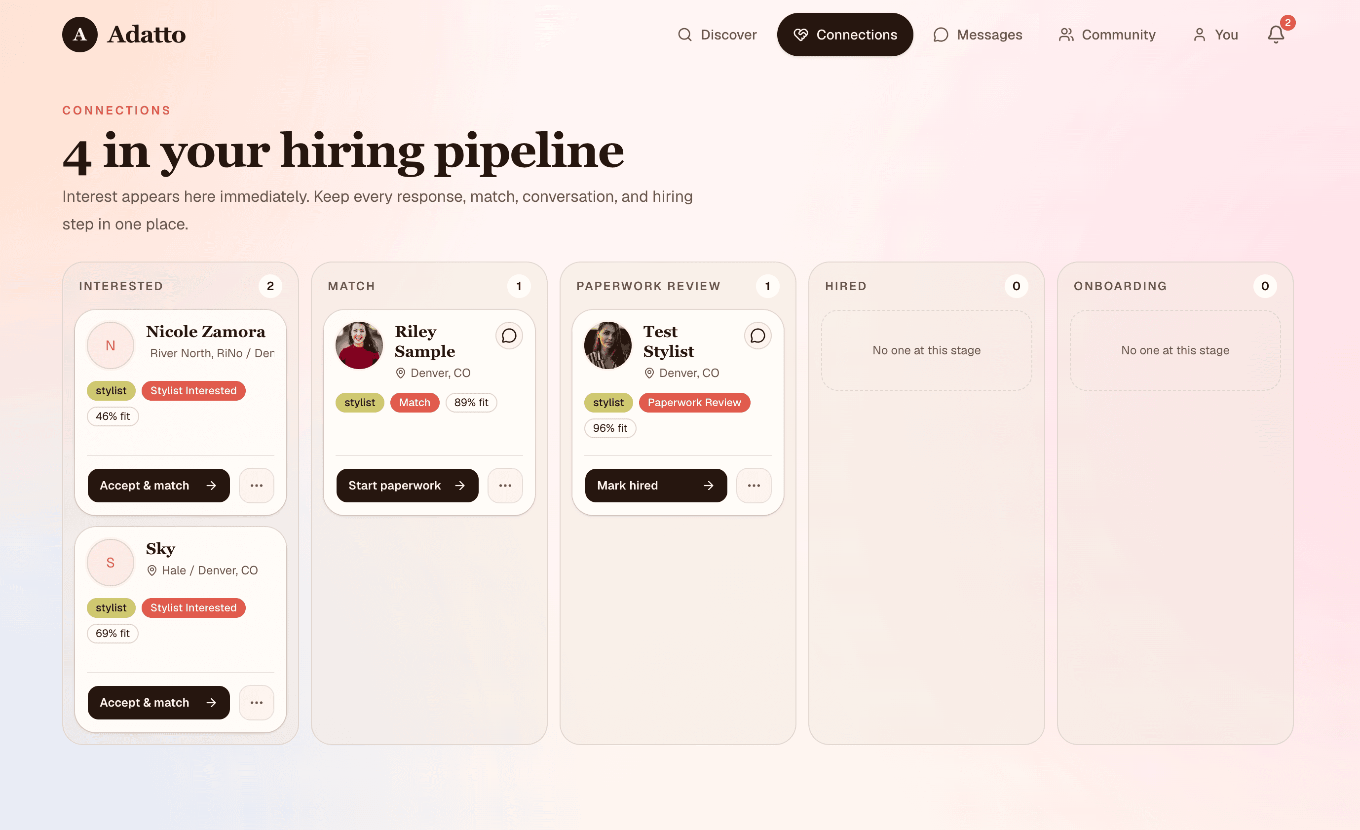 Adatto salon hiring pipeline with interested, matched, paperwork, hired, and onboarding stages