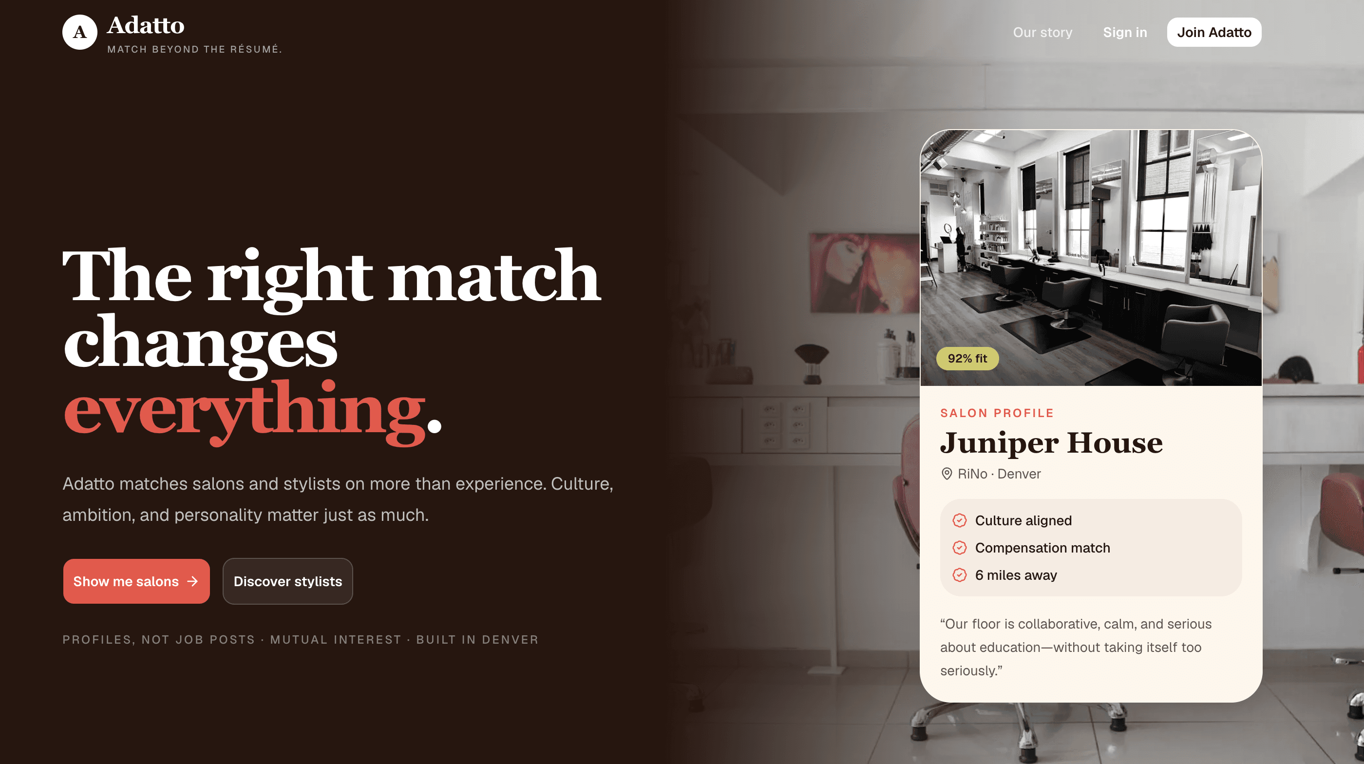 Adatto homepage introducing its culture-focused salon and stylist matching experience