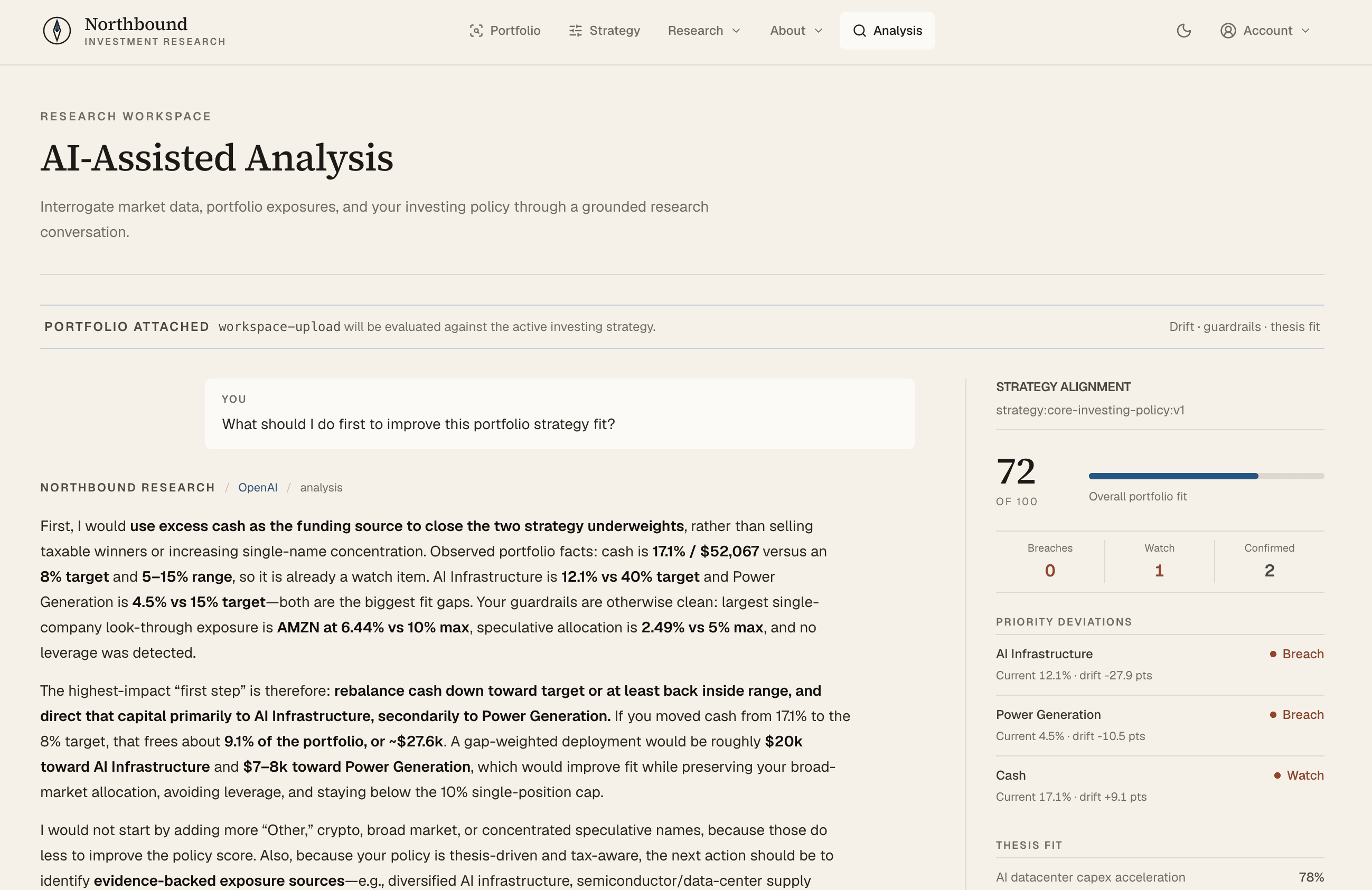 Northbound AI-assisted analysis workspace evaluating a portfolio against its active investing strategy