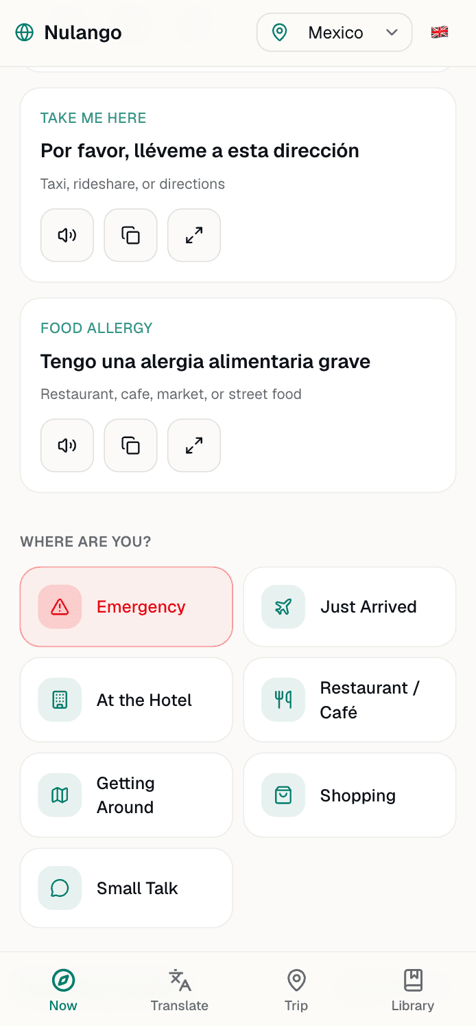 Nulango travel dashboard with essential Spanish phrases and situation shortcuts for Mexico