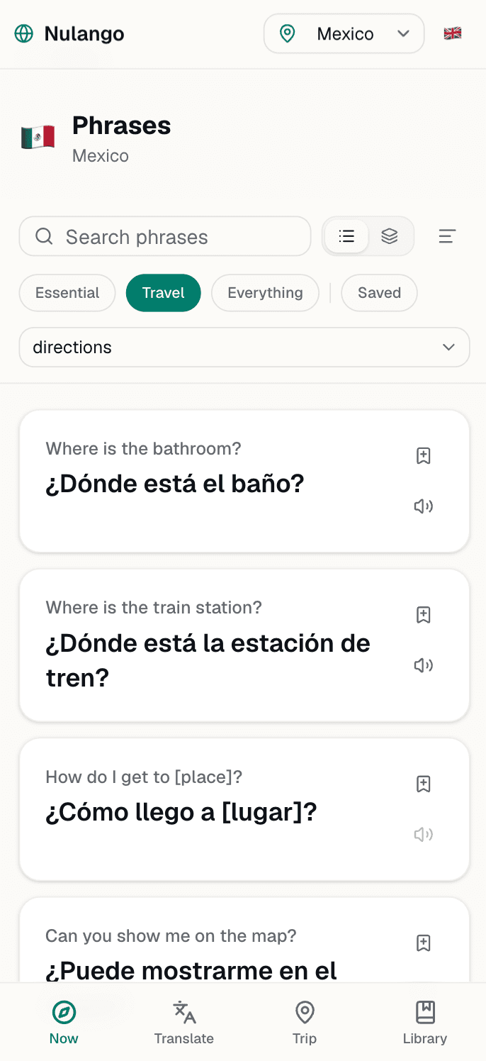 Nulango searchable phrase library with English and Spanish travel phrases