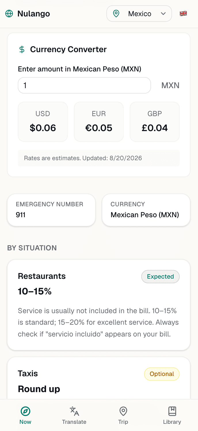 Nulango Mexico trip guide with currency conversion, emergency information, and tipping guidance