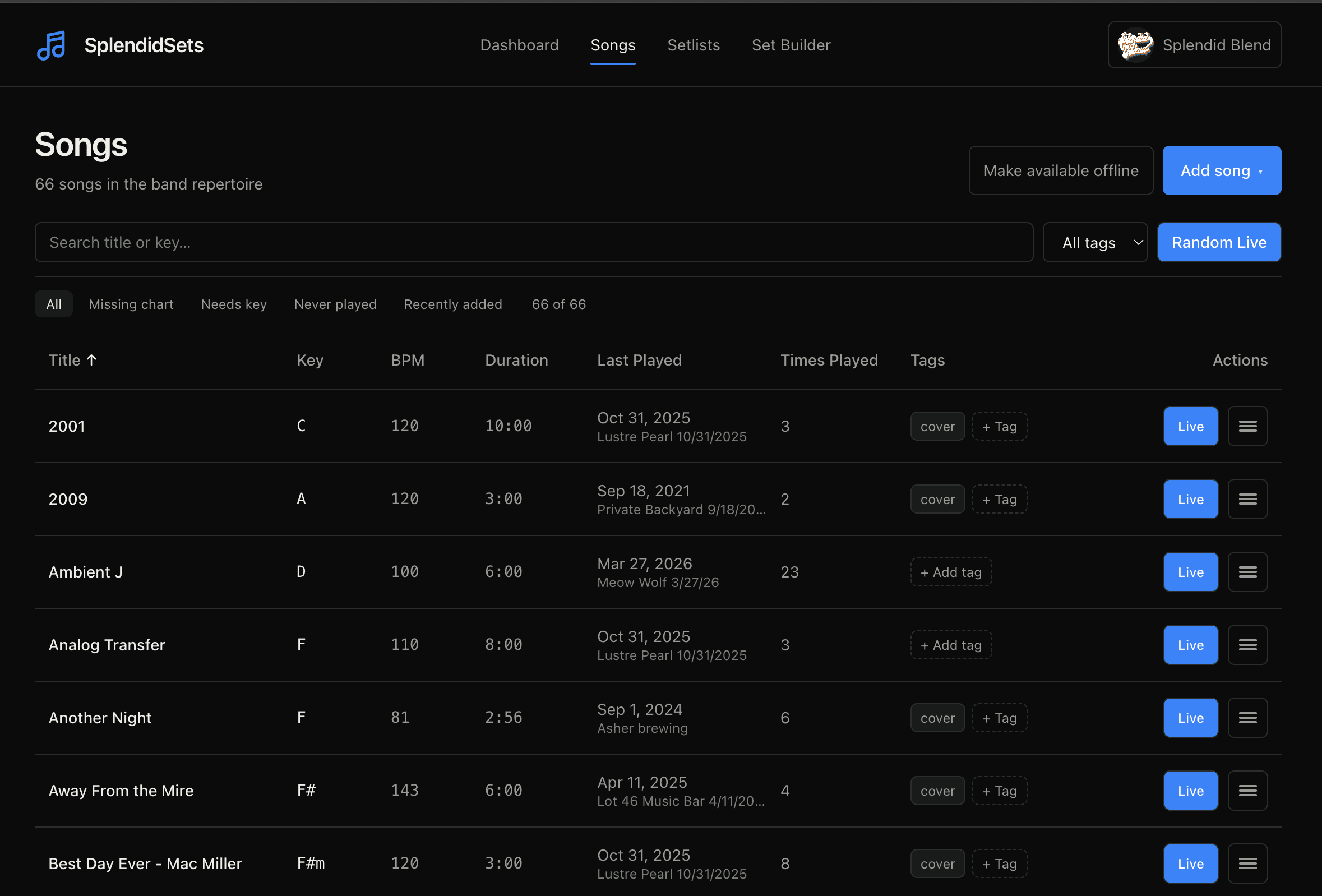 SplendidSets song library with repertoire metadata, search, tags, and live-performance actions