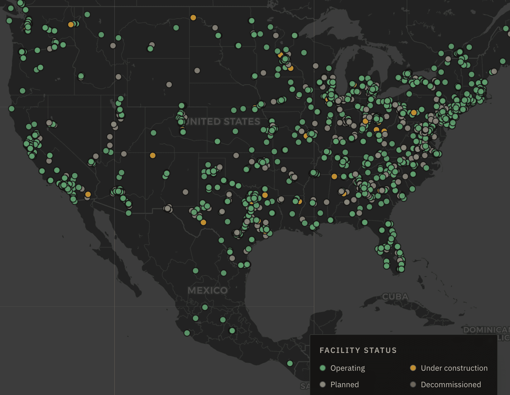 Tectonic map showing operating, planned, under-construction, and decommissioned infrastructure facilities across the United States
